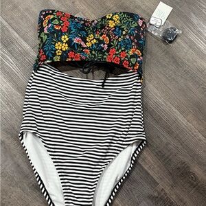 Time and Tru Floral and Striped One Piece Swimsuit